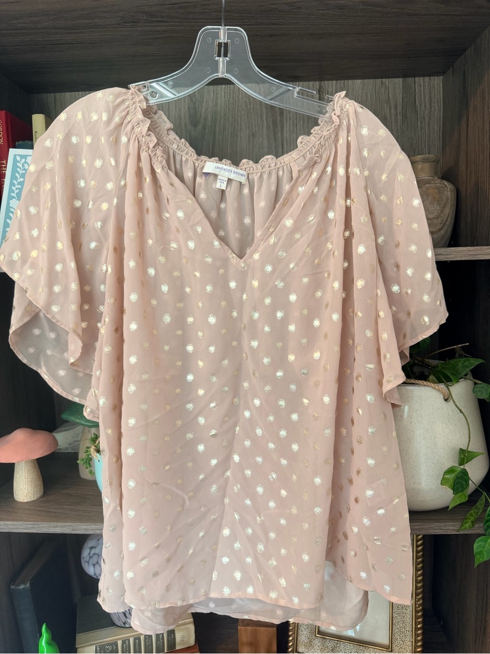 Lavender Brown Blush Pink Metallic Dot Flutter Sleeve Top